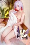  1girl absurdres blue_eyes breasts c1718259 closed_mouth covering hand_up highres holding holding_towel honkai:_star_rail honkai_(series) indoors legs_together looking_at_viewer medium_breasts mole mole_on_thigh multicolored_hair nipples nude nude_cover numby_(honkai:_star_rail) one_breast_out red_hair short_hair sitting soaking_feet solo steam streaked_hair topaz_(honkai:_star_rail) towel water 