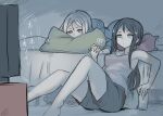  2girls abyssal_ship bed beer_can black_hair black_shorts breasts can character_request closed_mouth holding_hands kantai_collection long_hair lying medium_breasts multiple_girls on_bed on_floor pale_skin pillow shorts sitting tank_top television terrajin watching_television white_hair 