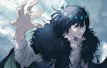  1boy black_cloak black_hair blanca_(fate) blue_eyes bug cloak diamond_hairband dress_shirt fate/grand_order fate_(series) fingernails fur-trimmed_cloak fur_trim hua_(supa_jopa) insect_wings long_sleeves male_focus moth oberon_(fate) oberon_(third_ascension)_(fate) shirt short_hair solo spoilers twitter_username upper_body wings 