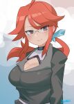  1girl black_jacket blush breasts cleavage cleavage_cutout clothing_cutout collarbone formal highres jacket large_breasts long_sleeves lorelei_(pokemon) pokemon pokemon_(game) pokemon_lgpe ponytail red_eyes red_hair ryuusui_arumo semi-rimless_eyewear solo swept_bangs turtleneck 