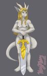  anthro balls blonde_hair dragon dulcine genitals grey_background grey_body grey_skin hair holding_object holding_sword holding_weapon horn itsymitsy long_hair looking_at_viewer male melee_weapon nude penis simple_background solo standing sword watermark weapon yellow_eyes 