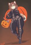  anthro big_breasts bodypaint breasts brown_hair canid canine canis domestic_dog eyes_closed female galacticmichi genitals hair halloween hi_res holidays mammal nipples pussy smile solo thick_thighs 