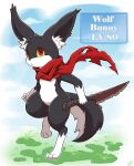  anthro black_body black_fur canid canine canis dialogue fluffy_ears fur hi_res hybrid knife lagomorph leporid male mammal on_one_leg rabbit red_eyes scarf solo standing vavacung white_body white_fur wolf wolf_rabbit 