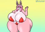  4_fingers al_gx anthro big_breasts blue_eyes breasts clothed clothing ear_piercing female fingers generation_1_pokemon hair hi_res huge_breasts maria_(bunbun_maria) nintendo partially_clothed piercing pink_body pink_hair pokemon pokemon_(species) simple_background solo thick_thighs wigglytuff 