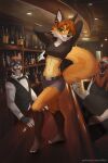  2020 2:3 anthro bar biped bottomwear canid canine clothed clothing dancing detailed_background deymos ear_piercing female fox green_eyes group inside iskra looking_at_viewer male mammal midriff open_mouth piercing shorts smile text topwear trio url 