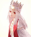  1girl absurdres crown dress drid fate/stay_night fate_(series) heaven&#039;s_feel highres illyasviel_von_einzbern illyasviel_von_einzbern_(dress_of_heaven) long_hair open_mouth red_eyes solo stole twitter_username upper_body white_dress white_hair 