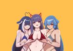  3girls absurdres ahoge akuma_nihmune bao_(vtuber) bikini black_hair black_nails blue_bikini blue_hair blue_nails breast_lift commentary_request english_commentary fangs grabbing grabbing_another&#039;s_breast grey_bikini heart heart_ahoge highres holykoshi horns indie_virtual_youtuber long_hair multiple_girls navel open_mouth purple_eyes purple_hair purple_nails red_bikini red_eyes shylily smile swimsuit tentacle_hair very_long_hair virtual_youtuber white_hair yuri 