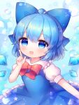  1girl ahoge blue_bow blue_dress blue_eyes blue_hair blush bow cirno coa_(chroo_x) collared_shirt commentary_request detached_wings dress fairy frilled_dress frills hair_bow highres ice ice_wings open_mouth puffy_short_sleeves puffy_sleeves shirt short_hair short_sleeves smile solo touhou white_shirt wings 