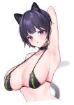  1girl :o akai_ame animal_ears arm_behind_head armpits bikini black_bikini black_choker breasts cat_ears cat_girl cat_tail choker collarbone commentary_request highres large_breasts looking_at_viewer original purple_eyes purple_hair short_hair simple_background swimsuit tail upper_body white_background 