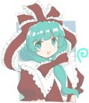  1girl bow dress frilled_bow frilled_ribbon frills front_ponytail green_eyes green_hair hair_bow hair_ribbon kagiyama_hina long_hair looking_at_viewer nazawa_(nother) open_mouth red_bow red_dress red_ribbon ribbon short_sleeves smile solo touhou upper_body 