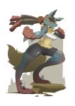  absurd_res anthro biped black_body blue_body bottomwear breasts cervikalova clothed clothing female fur generation_4_pokemon genitals hi_res lucario medium_breasts nintendo pokemon pokemon_(species) red_body shorts simple_background solo tan_body tan_fur white_background wraps 