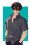  1boy black_hair blue_background cigarette closed_mouth goatee_stubble grey_shirt hair_between_eyes hands_in_pockets looking_at_viewer nicholas_d._wolfwood pants raine_(acke2445) rectangle shirt short_hair simple_background solo sunglasses trigun upper_body white_background 