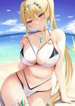 1girl :/ beach bikini black_choker blue_sky breasts chest_jewel choker circlet closed_mouth cloud collarbone daive day earrings highres jewelry large_breasts mythra_(xenoblade) navel ocean outdoors sitting sky solo stomach swimsuit white_bikini xenoblade_chronicles_(series) xenoblade_chronicles_2 yellow_eyes 
