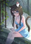  1girl aina_(mao_lian) animal_ear_fluff animal_ears bare_legs blue_dress blue_eyes breasts cat_ears cat_girl cat_tail cleavage closed_mouth dress feet_out_of_frame glasses handrail highres large_breasts looking_at_viewer mao_lian_(nekokao) original outdoors rectangular_eyewear short_dress sitting smile soaking_feet solo stairs stone_stairs sundress tail 