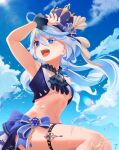  1girl :d absurdres arm_up armpits ascot bare_shoulders blue_eyes blue_hair blue_sky blue_vest breasts brooch cloud commentary_request day furina_(genshin_impact) genshin_impact hat highres jewelry long_hair navel open_mouth punco_(kdfg2577) sitting sky smile solo stomach thigh_strap thighs top_hat underboob vest 