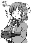  1girl asahi_(kancolle) braid cat character_request coat commentary_request dated dress_shirt hair_ribbon hakama highres holding japanese_clothes kantai_collection monochrome neck_ribbon ribbon shirt short_hair single_braid solo translation_request twitter_username upper_body voice_actor_connection yo-suke 