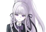  1girl black_jacket black_ribbon bow bowtie braid closed_mouth collared_shirt danganronpa_(series) danganronpa_kirigiri dress_shirt hair_ribbon jacket kirigiri_kyoko long_hair nuns197 pink_eyes portrait purple_bow purple_bowtie ribbon shirt simple_background smile solo twin_braids twintails white_background white_shirt 