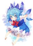  1girl barefoot blue_bow blue_dress blue_eyes blue_hair blush bow bowtie cirno detached_wings dress full_body hair_bow hands_on_hips highres leaning_forward medium_hair petticoat pinafore_dress puffy_short_sleeves puffy_sleeves red_bow red_bowtie shirt short_sleeves simple_background solo teeth touhou white_shirt wings yuuki_(yuyuki000) 
