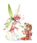  2girls brown_eyes brown_gloves brown_hair crying crying_with_eyes_open detached_sleeves digimon digimon_(creature) dress fairy flower gloves green_sleeves hair_vines hat highres kneeling leaf_wings lilimon long_hair monster_girl multiple_girls open_mouth petals pink_dress pink_headwear plant plant_girl red_dress sabaku_no_rakuda_(sanaku) tachikawa_mimi tears 