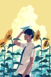  1boy absurdres black_hair blue_necktie cloud collared_shirt earrings expressionless flower grey_eyes hand_in_pocket highres jewelry kanai_(nai_nai) male_focus necktie original paper_airplane profile shirt sky solo summer sunflower upper_body white_shirt yellow_sky 