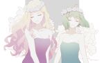  2girls bare_shoulders blonde_hair breasts closed_eyes closed_mouth collarbone commentary_request curly_hair dress earrings floral_background green_dress green_hair hair_behind_ear head_tilt head_wreath highres hoyopeccori jewelry long_hair macross macross_frontier medium_breasts multiple_girls pink_dress ranka_lee sheryl_nome short_hair single_earring small_breasts strapless strapless_dress twitter_username upper_body 