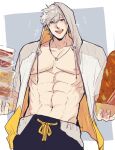  1boy a_nzi_end abs absurdres alternate_costume bara blue_eyes collarbone fate/grand_order fate_(series) food grey_background grey_hair hair_between_eyes highres holding holding_food hood hood_up hoodie jacket jewelry large_pectorals looking_at_viewer male_focus male_swimwear muscular muscular_male necklace nipples open_clothes open_jacket open_mouth pectorals percival_(fate) short_hair short_sleeves smile solo sparkle swim_trunks topless_male yakisoba 