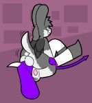  absurd_res anthro balls balls_on_face big_ears clothed clothing demon duo facesitting genitals grape_ad hi_res hybrid lagomorph leporid male male/male mammal pawpads paws purple_body rabbit rotto_(mrrottson) sitting_on_another stultus_(character) 