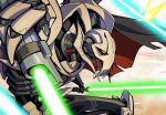 1boy 2023 alien artist_name black_cape cape colored_sclera cyborg energy_sword foreshortening general_grievous highres holding holding_sword holding_weapon hunched_over laser lightsaber looking_ahead male_focus science_fiction solo star_wars sword tomycase weapon yellow_sclera 