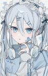  1girl bandaid bandaid_on_face blue_eyes blue_jacket blue_ribbon blue_theme hair_ornament hair_ribbon hairband headphones headphones_around_neck heart heart_hair_ornament highres jacket lolita_hairband long_hair looking_at_viewer nong_345 parted_lips project_sekai rabbit_hair_ornament ribbon solo track_jacket twintails very_long_hair white_hair white_hairband wing_hair_ornament yoisaki_kanade 