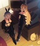  2girls absurdres animal_ears arms_behind_back azur_lane bdsm between_breasts black_bow black_bowtie black_footwear black_leotard black_necktie black_pantyhose blonde_hair blue_eyes bondage bound bound_ankles bound_arms bound_legs bound_thighs bound_torso bow bowtie breasts cad_(caddo) cleavage desk detached_collar duct_tape english_commentary fake_animal_ears full_body gag grey_hair high_heels highres improvised_gag indoors large_breasts leotard long_hair looking_at_viewer manjuu_(azur_lane) monitor multiple_girls necktie necktie_between_breasts nontraditional_playboy_bunny north_carolina_(azur_lane) north_carolina_(the_heart&#039;s_desire)_(azur_lane) official_alternate_costume pantyhose playboy_bunny rabbit_ears restrained second-party_source sex_toy shibari shibari_over_clothes shoes sitting standing strapless strapless_leotard tape tape_gag vibrator vibrator_cord vibrator_under_clothes washington_(azur_lane) white_footwear window wooden_floor wrist_cuffs 