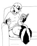  2018 anthro black_and_white book breasts clothed clothing coffee_cup container cup ear_piercing ear_ring female fur furniture hair kelly_o&#039;dor mammal mephitid monochrome narrowed_eyes piercing ring_piercing sitting skunk sofa solo striped_skunk tail tegerio whiskers zandar&#039;s_saga 