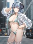  1girl bangs blue_eyes blurry blurry_background breasts cleavage collarbone commission copyright_request cowboy_shot fur-trimmed_jacket fur_trim grey_hair grey_jacket grey_thighhighs groin hand_in_own_hair hand_up highres horns indoors jacket large_breasts medium_hair navel open_clothes open_jacket outdoors smile solo tanu0706 thighhighs 