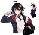  ahoge bag behind-the-head_headphones black_bag black_hair black_jacket black_necktie black_sclera blue_eyes bug collared_shirt colored_sclera dottovu dress_shirt eus_ing hand_on_headphones headphones heterochromia indie_virtual_youtuber jacket long_sleeves messy_hair necktie open_clothes open_jacket red_eyes shirt short_hair shoulder_bag simple_background sweater vu_(dottovu) white_background white_shirt yawning 