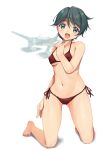  1girl absurdres aircraft airplane bikini black_hair breasts commentary_request cosplay e16a_zuiun full_body green_eyes highres kantai_collection kneeling mikura_(kancolle) mikura_(kancolle)_(cosplay) mogami_(kancolle) navel open_mouth red_bikini short_hair shorts side-tie_bikini_bottom simple_background small_breasts smile solo swept_bangs swimsuit white_background yashin_(yasinz) 