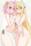  2girls babydoll blonde_hair blue_eyes blush bow bra breasts closed_mouth feet_out_of_frame green_bow green_eyes hair_bow highres holding_hands large_breasts long_hair looking_at_viewer medium_breasts multiple_girls navel ocha_(ochappie) panties parted_lips pink_hair rance_(series) rance_10 sheila_helman short_hair sill_plain two-tone_bow underwear white_bra white_panties yellow_bow 
