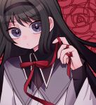  1girl akemi_homura black_hair black_hairband closed_mouth floral_background hairband highres holding holding_ribbon keropiki long_hair long_sleeves looking_at_viewer magical_girl mahou_shoujo_madoka_magica portrait purple_eyes red_background red_ribbon ribbon solo 