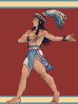  1boy bare_legs barefoot dark-skinned_male dark_skin feathers groin hands_up hat highres loincloth long_hair lullindo male_focus minoan_clothes original profile red_background shadow solo topless_male wavy_hair 