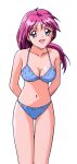  1990s_(style) 1girl arms_behind_back bikini blue_bikini blue_eyes cowboy_shot kokura_masashi long_hair looking_at_viewer navel non-web_source official_art pink_hair retro_artstyle shirayuki_maho simple_background solo standing swimsuit tokimeki_memorial tokimeki_memorial_2 white_background 