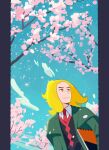  1boy black_vest blonde_hair branch cherry_blossoms closed_mouth cloud collared_shirt commentary_request day falling_petals green_jacket hassel_(pokemon) highres jacket male_focus medium_hair necktie open_clothes open_jacket orange_eyes outdoors parted_bangs petals pokemon pokemon_(game) pokemon_sv ponytail red_necktie shirt sketchbook sky smile solo tree u2t5k2s5 vest white_shirt 