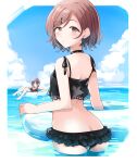  2girls afloat ahoge asakura_toru ass back bikini black_bikini black_choker blue_hair blue_sky blush breasts brown_eyes brown_hair choker closed_eyes closed_mouth cloud cowboy_shot day dot_nose earrings frilled_bikini frills from_behind gradient_hair hair_ornament hairclip hand_up higuchi_madoka holding holding_innertube idolmaster idolmaster_shiny_colors innertube jewelry knees_up looking_at_viewer looking_back medium_breasts mole mole_under_eye morina_nao multicolored_hair multiple_girls ocean parted_bangs partially_submerged print_bikini short_hair sky standing swept_bangs swimsuit triangle_earrings wading 