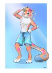  2022 anthro blue_background blue_body blue_eyes blue_fur clothed clothing ddgio felid fur hi_res looking_at_viewer male mammal one_eye_closed orange_body orange_fur pink_body pink_fur simple_background solo topless white_body white_fur wink 