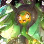  :d commentary_request fangs flower happy highres konna-nani no_humans ogerpon open_mouth pokemon pokemon_(creature) smile solo sparkle star-shaped_pupils star_(symbol) symbol-shaped_pupils tongue white_flower yellow_eyes 