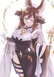 1girl animal_ears belt breasts broken_horn brown_hair closed_eyes closed_mouth clothing_cutout dress ekra galleon_(granblue_fantasy) gloves granblue_fantasy highres holding holding_staff horns large_breasts shoulder_cutout simple_background smile solo staff thigh_strap white_background white_gloves 