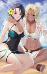  2girls abs beach bikini black_hair blonde_hair blue_eyes bracelet breasts catherine_(fire_emblem) catherine_(summer)_(fire_emblem) cloud crossed_legs dark-skinned_female dark_skin doiparuni english_commentary fire_emblem fire_emblem:_three_houses fire_emblem_heroes flower hair_flower hair_ornament halterneck highres jewelry looking_at_viewer medium_breasts multiple_girls muscular muscular_female necklace official_alternate_costume one-piece_swimsuit one_eye_closed open_mouth ponytail shamir_nevrand shamir_nevrand_(summer) short_hair sitting smile swimsuit teeth thigh_strap 
