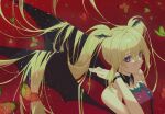  1girl black_choker blonde_hair boori988 bug butterfly choker closed_mouth demon_girl demon_wings dress facing_to_the_side green_butterfly head_wings highres hoshina_utau looking_to_the_side lunatic_charm orange_butterfly purple_eyes red_background red_butterfly red_dress red_theme shugo_chara! sleeveless sleeveless_dress twintails wings yellow_butterfly 