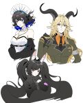  3girls animal_ear_fluff animal_ears arknights armband badge bare_shoulders black_gloves black_hair black_jacket black_necktie blonde_hair blue_eyes blue_hair blue_lips breasts cleavage closed_mouth collared_shirt degenbrecher_(arknights) detached_collar detached_sleeves dress gloves goat_ears goat_girl goat_horns highres horns jacket jewelry kjera_(arknights) kjera_(ingenious_servant)_(arknights) large_breasts long_hair long_sleeves looking_at_viewer maid_headdress military_jacket monch_(arknights) multicolored_hair multiple_girls necklace necktie official_alternate_costume open_clothes open_jacket orange_eyes orange_shirt purple_eyes rio_(rio773) shirt short_hair simple_background smile strapless strapless_dress turtleneck twitter_username very_long_hair white_background white_dress white_hair 