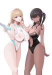  2girls black_hair blonde_hair bow breasts cleavage clothing_cutout dark-skinned_female dark_skin goddess_of_victory:_nikke grin guriddopitto hair_bow hair_over_one_eye highres large_breasts multiple_girls naga_(nikke) navel_cutout one-piece_swimsuit see-through_swimsuit side_ponytail smile standing swimsuit tia_(nikke) white_background 
