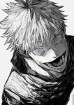  1boy :d blue_eyes crazy_smile gojou_satoru greyscale highres jacket jujutsu_kaisen kuwoniagyu11112 looking_at_viewer male_focus monochrome open_mouth short_hair simple_background smile solo spot_color twitter_username upper_body 