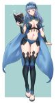  1girl alternate_costume black_thighhighs blue_cape blue_hair blue_hairband blue_panties blunt_bangs blush book breasts brown_eyes cape cleavage cleavage_cutout closed_mouth clothing_cutout commentary commission cosplay dark_mage_(fire_emblem_fates) english_commentary fire_emblem fire_emblem:_three_houses fire_emblem_fates fire_emblem_warriors:_three_hopes hairband highres holding holding_book igni_tion lace-trimmed_hairband lace_trim large_breasts long_hair looking_at_viewer marianne_von_edmund navel ophelia_(fire_emblem) ophelia_(fire_emblem)_(cosplay) panties smile solo stomach stomach_cutout thighhighs toenails toes underwear 