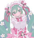  1girl aqua_nails blush bow bowtie dress drill_hair expressionless flower frilled_hairband frills green_eyes green_hair green_nails hair_between_eyes hair_flower hair_ornament hair_ribbon hairband hakudaku hatsune_miku head_tilt heart highres long_hair looking_at_viewer own_hands_together pink_bow pink_bowtie pink_dress pink_ribbon ribbon simple_background solo strawberry_miku_(morikura) twin_drills upper_body very_long_hair vocaloid white_background 